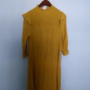NWOT Anna Kaci Midi Yellow Tie Waist Ruffle Turtle Neck Small Stretch Dress
